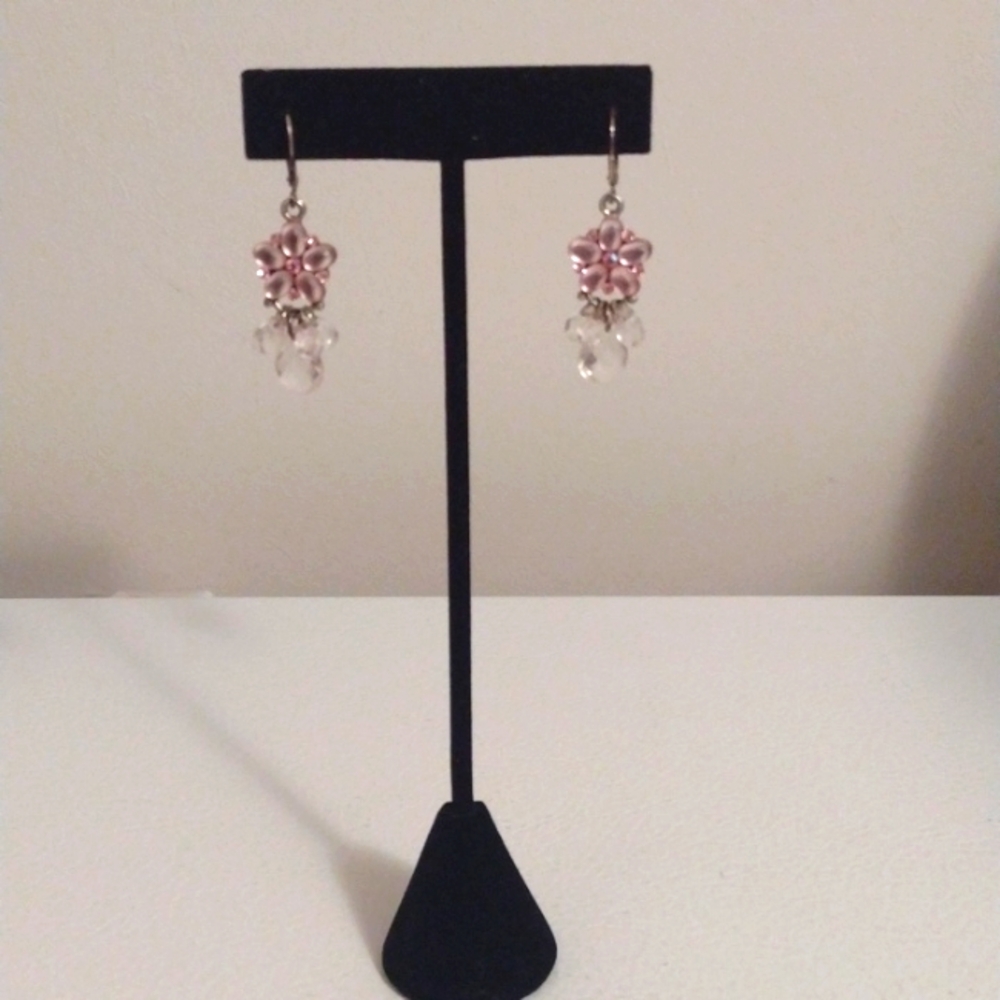 Pink flower beaded dangle pierced earrings with silver clasp